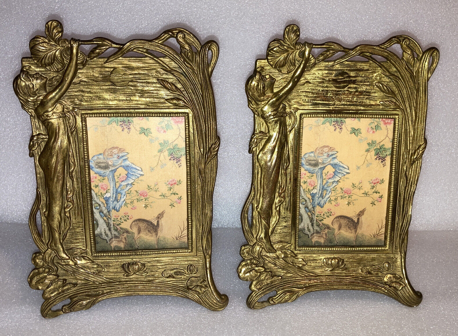 Exquisite Pair Antique Art Nouveau Bronze Brass Picture Frame Aesthetic Maiden