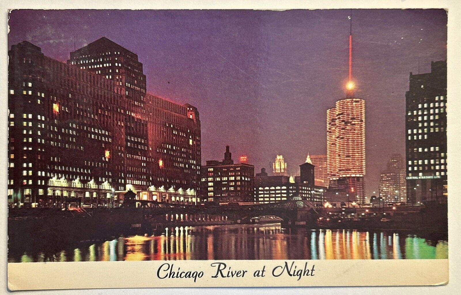 Chicago River at night. Merchandise Mart. Illinois Vintage Postcard