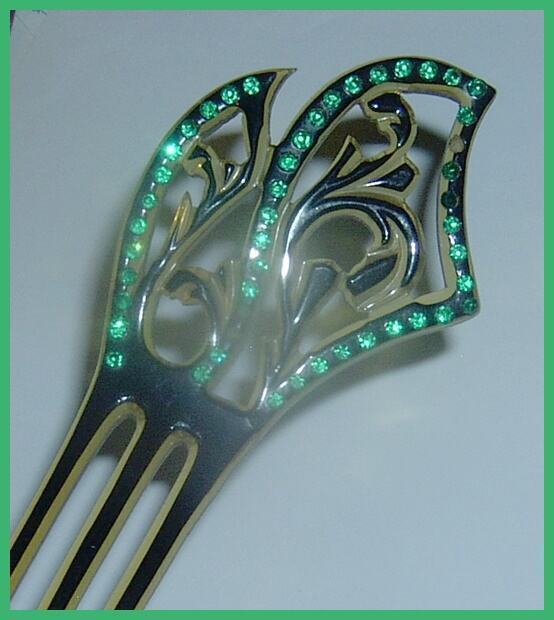 Vintage Black Celluloid w/Green RS Hair Comb