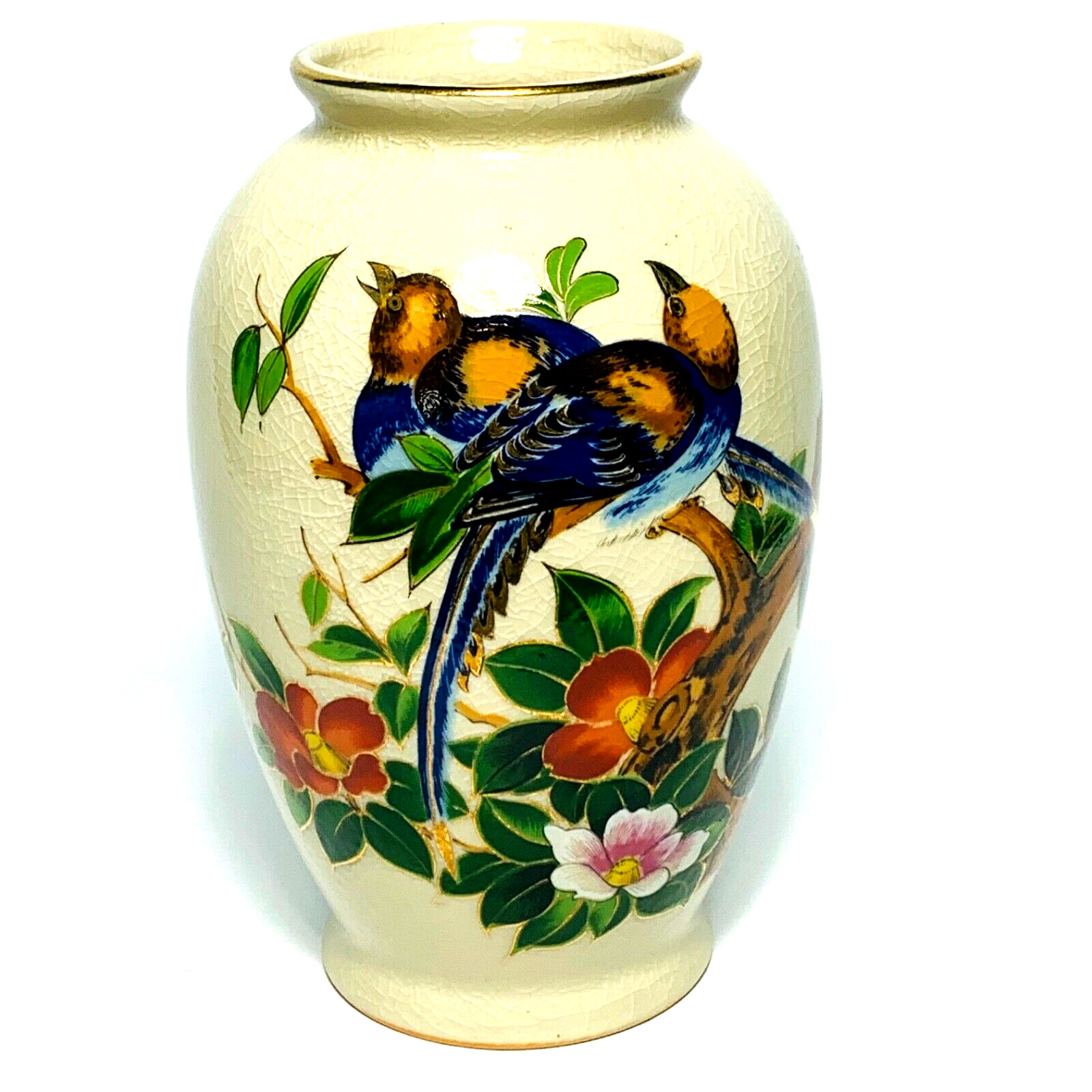 NAGOYA PORCELAIN VASE Japanese Oriental Bird Parrot Floral Hand-painted Vintage