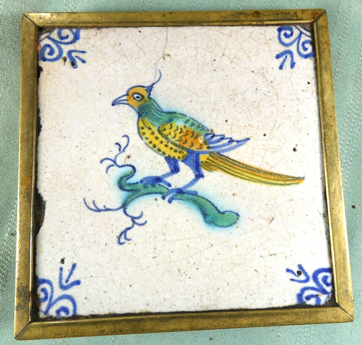 Antique Dutch Delft Tile with Bird Drawing 1600-1650 Framed in Brass Rare
