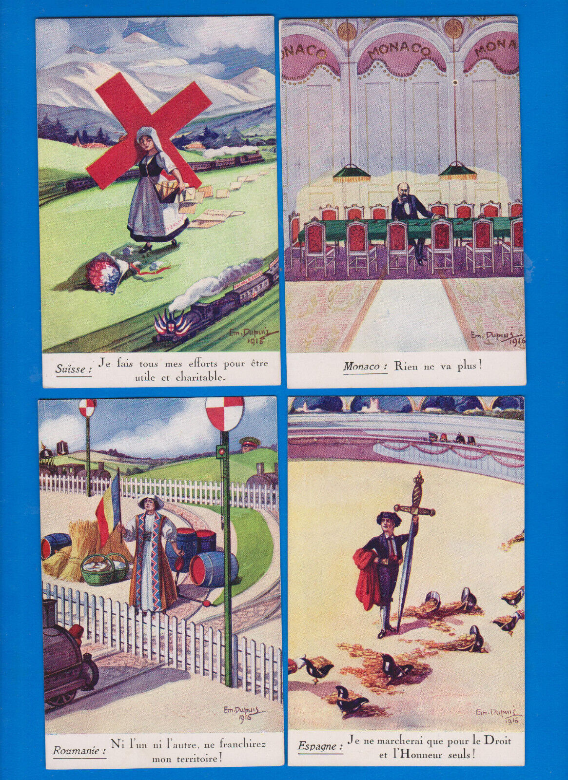 lot of 4 postcards, E Dupuis WWI ww1 Propaganda Spain Romania Monaco Switzerland