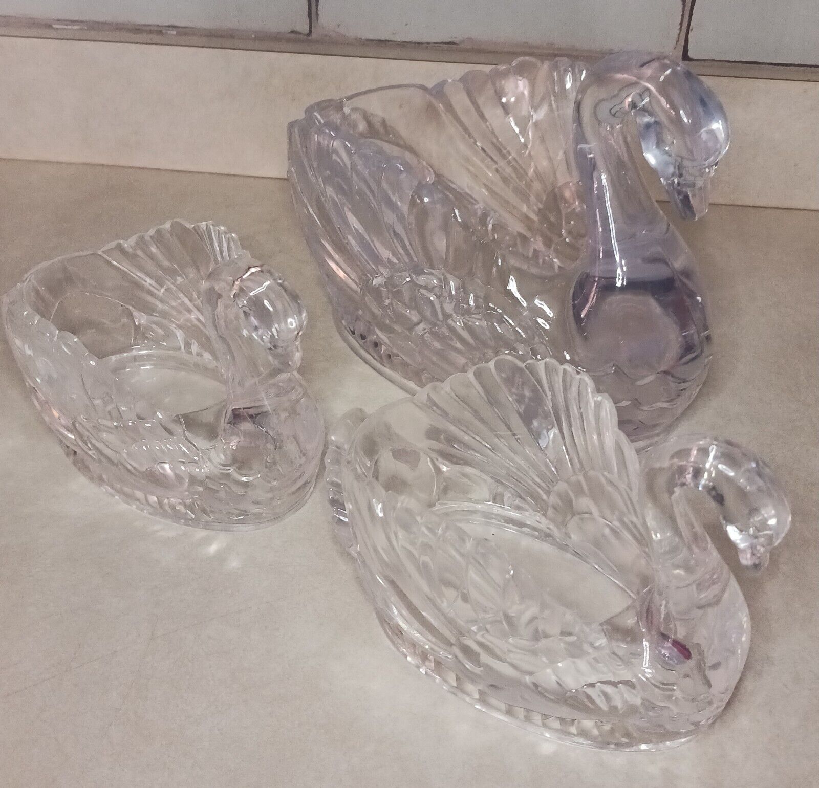 Vintage Regaline Swan Vase Candy Dish Wedding Ice Sculpture Lucite Deco Set Of 3