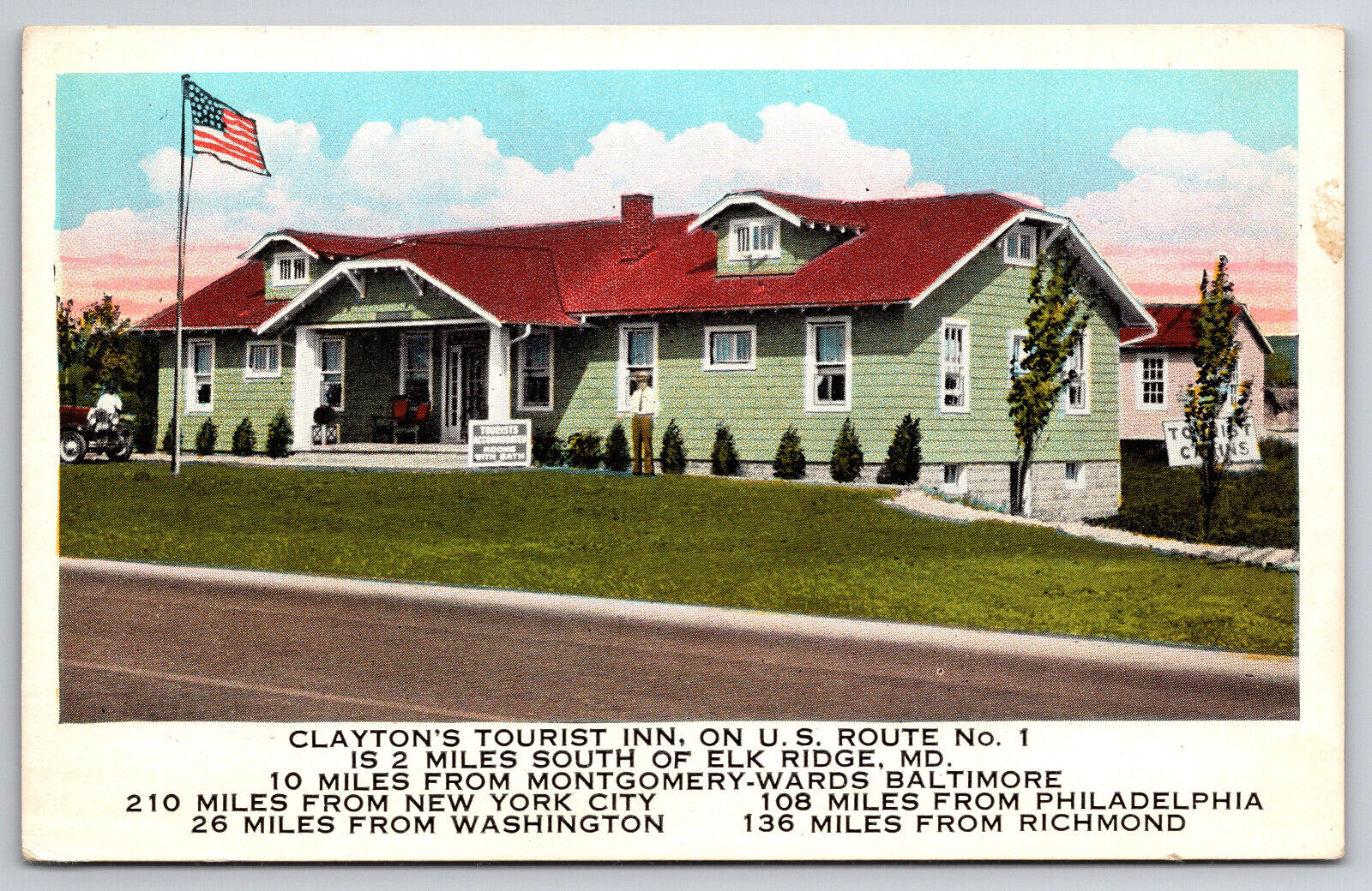 Vintage Postcard Unposted Clayton\'s Tourist Inn On U.S. Route 1 Elk Ridge Md.