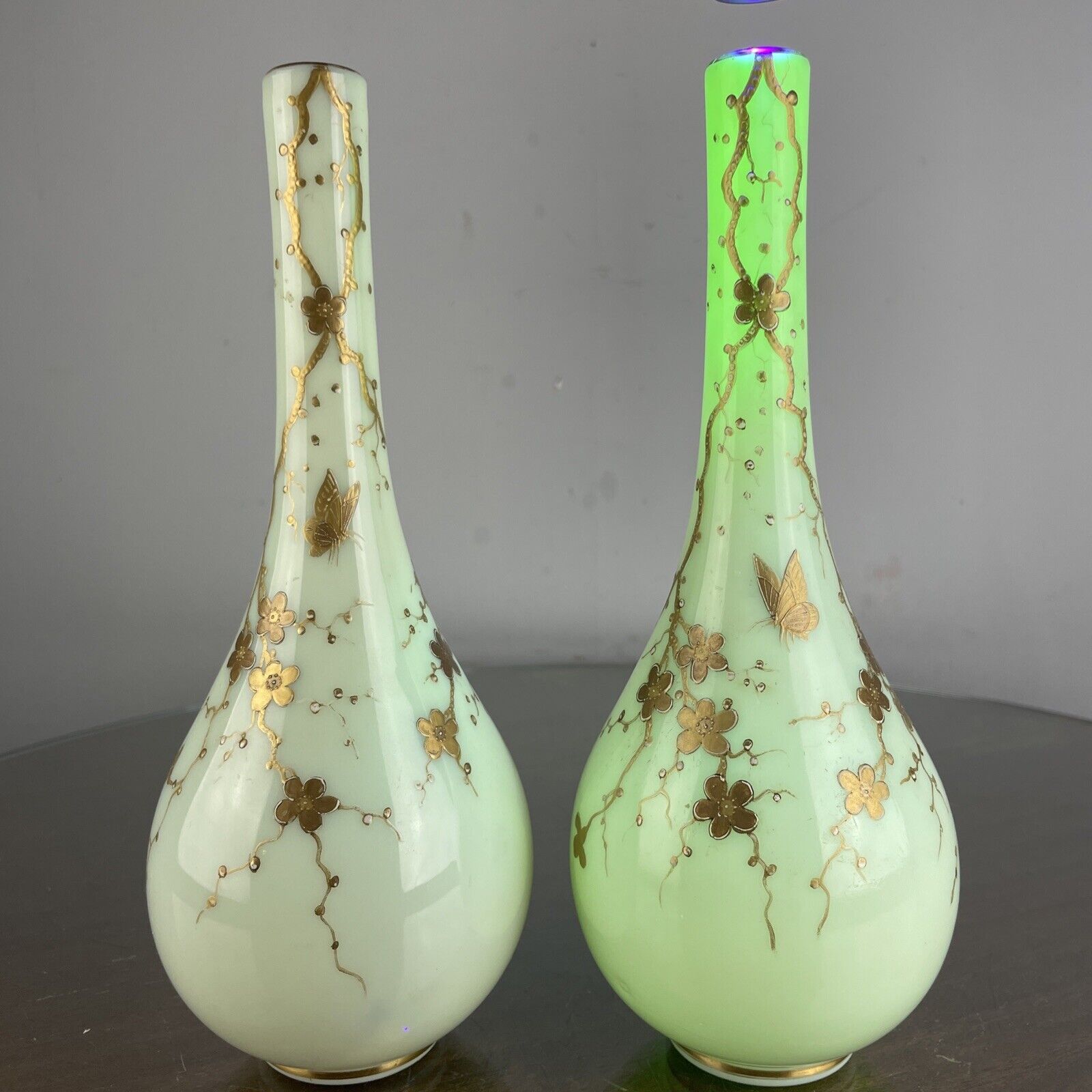 Pair Antique Webb or Harrach Uranium Opaline Glass Vase Decorated By Jules Barbe