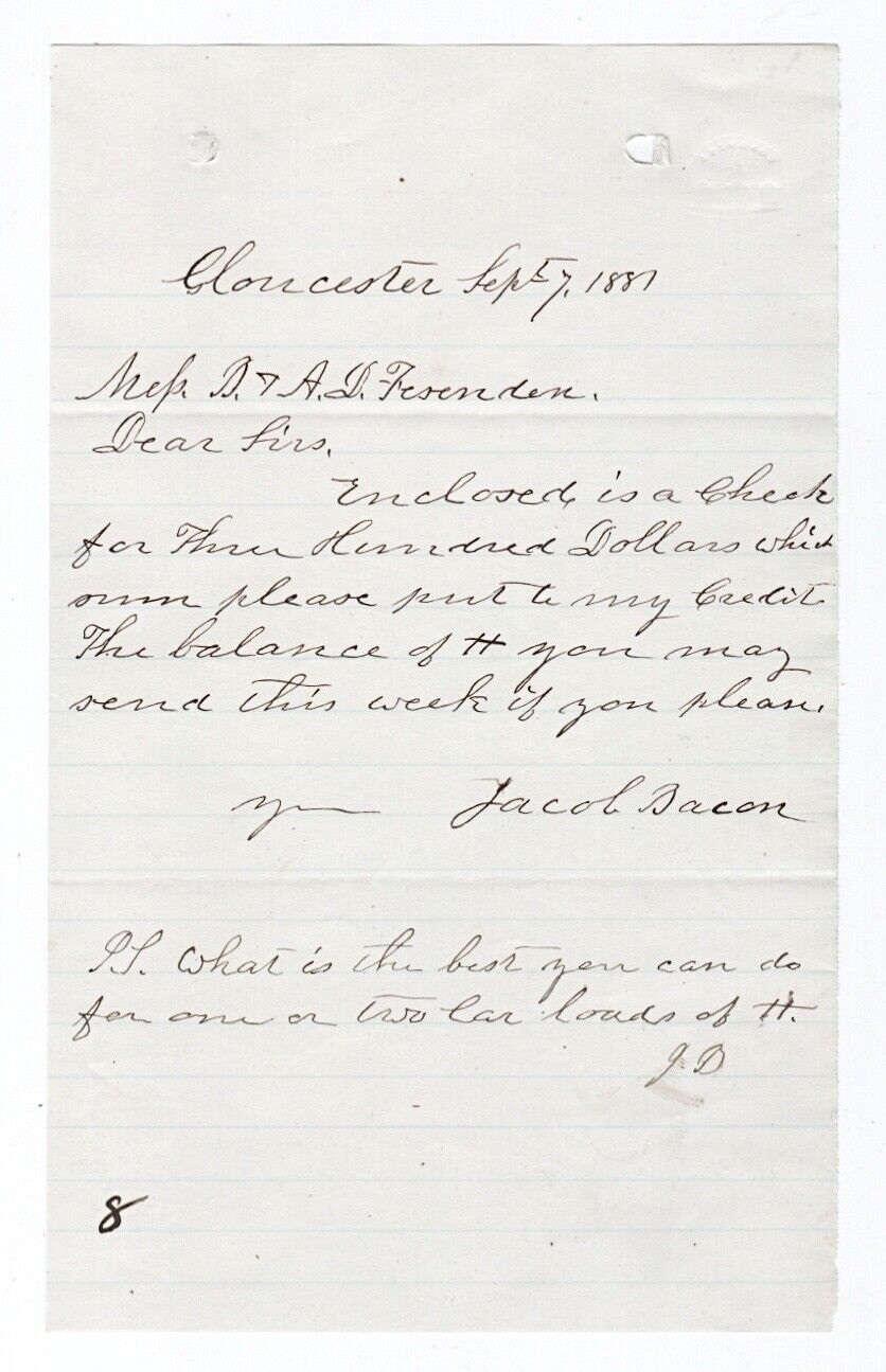 1881 EARLY LETTER HEAD GLOUCESTER MA B & AB FESSENDEN JACOB BACON