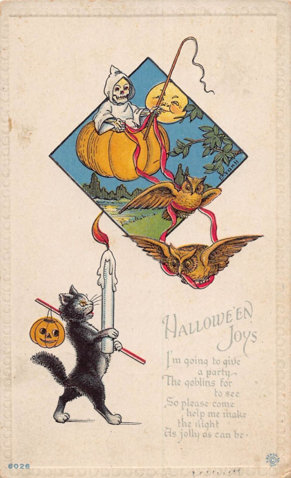 DS1/ Halloween Postcard Holiday c1910 Ghost Reaper Owl Chariot Cat E. VonH 304