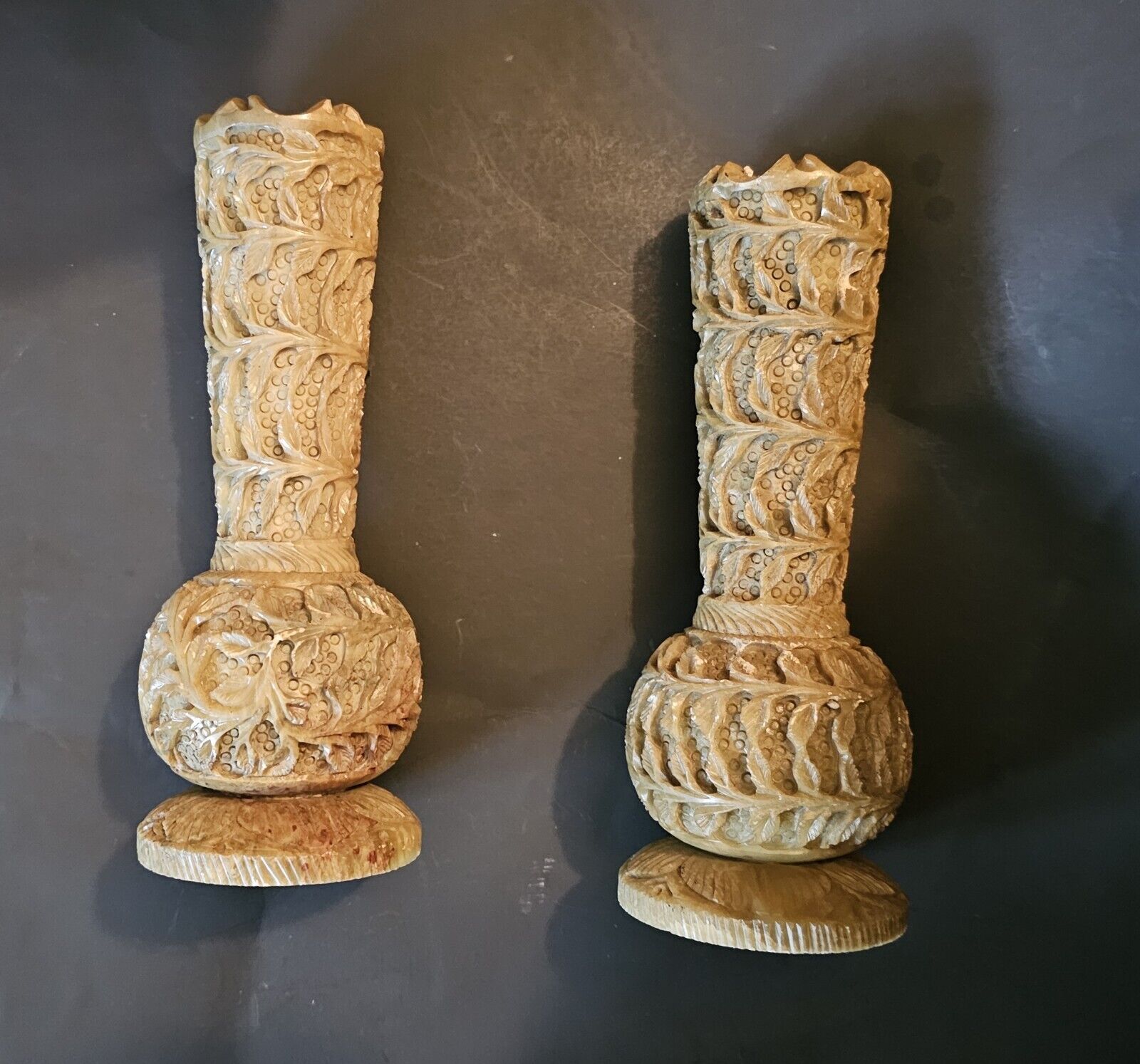 Pair Of Hand Carved Vases, Origin Unknown Must See
