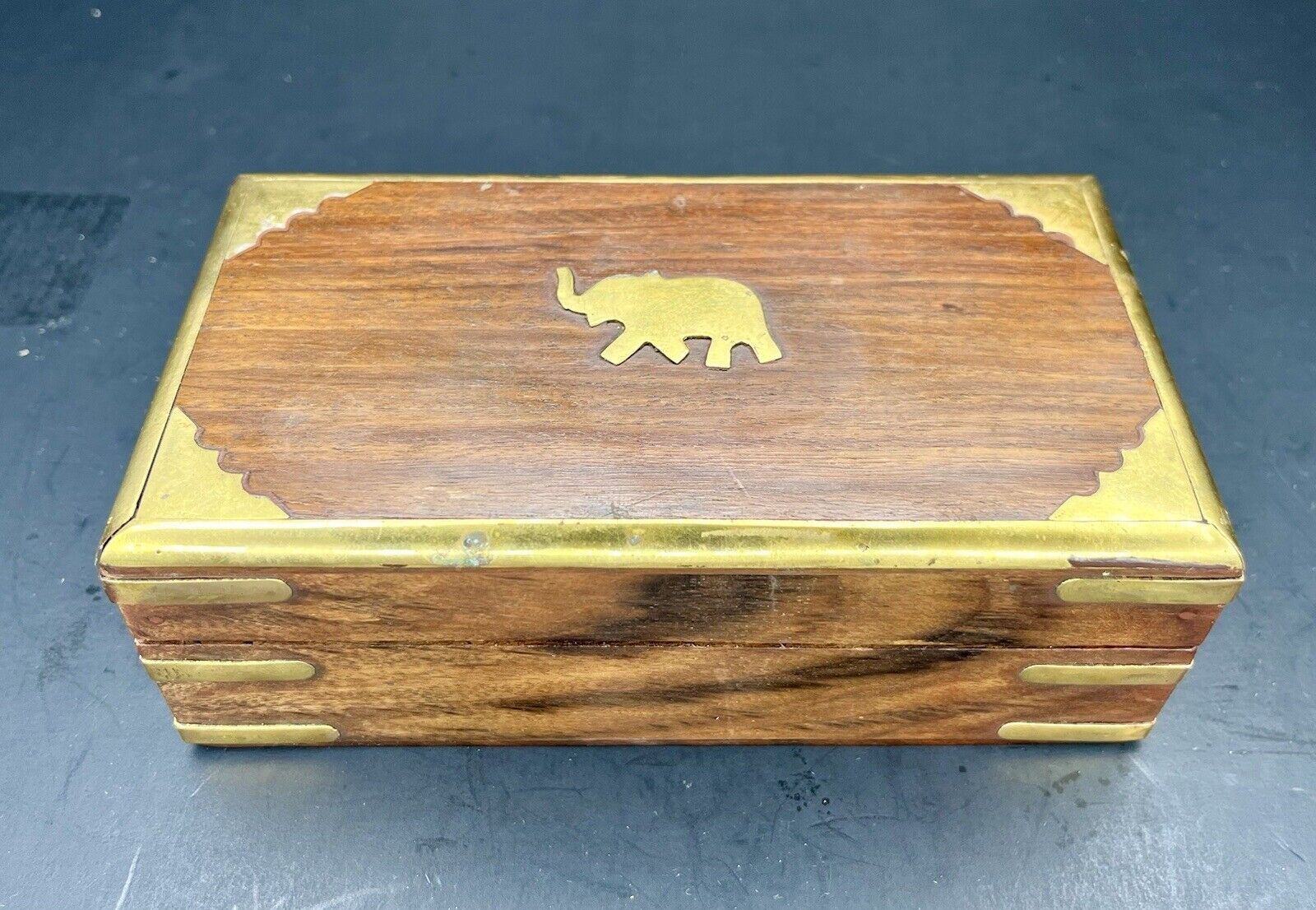 Vintage Wooden Hand Made Brass  Elephant Hinged Trinket Box 7” x 3.75” x 2.75”