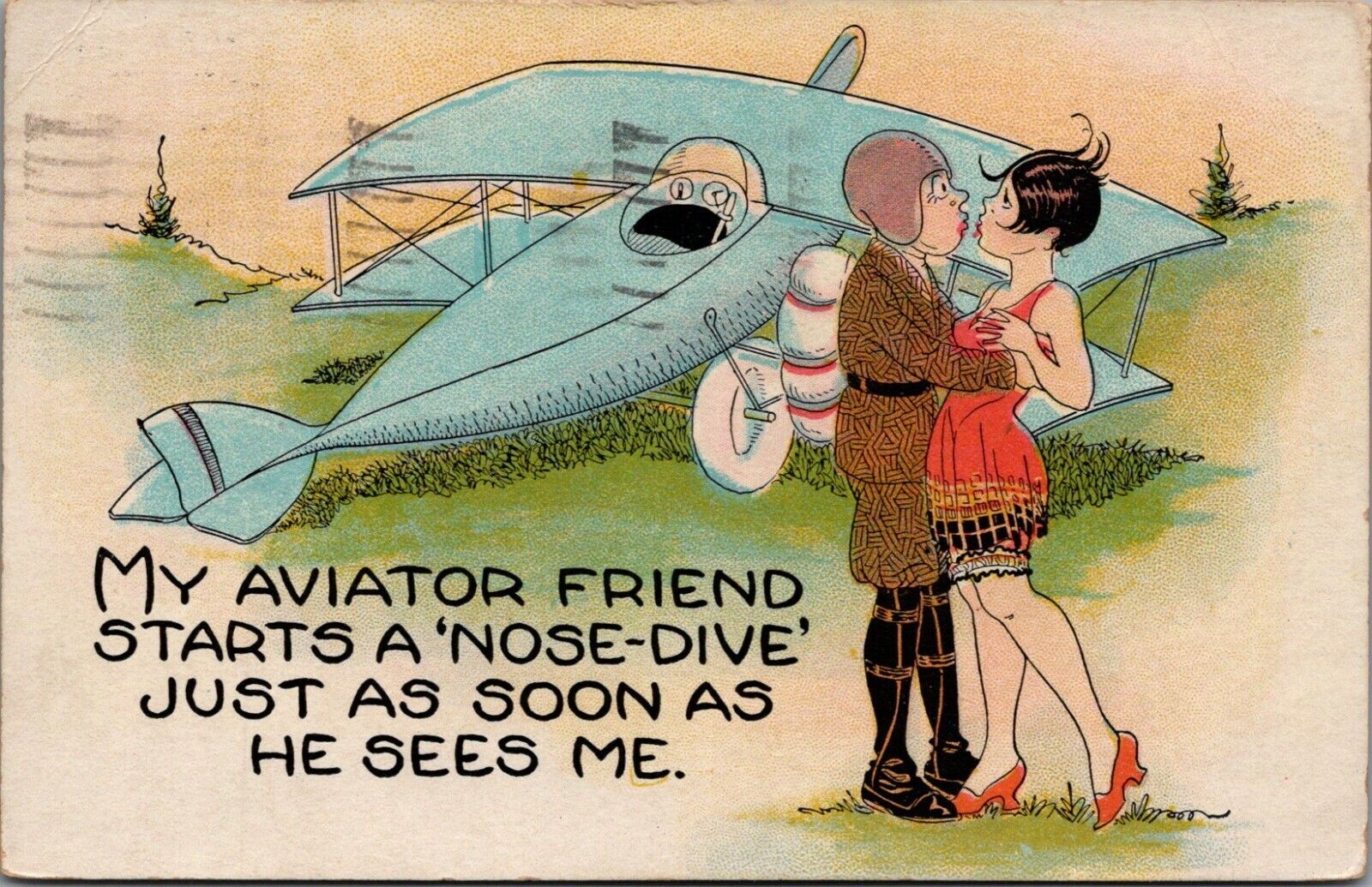 Vintage 1928 Comic Humor Pilot Aviator Biplane Flapper Postcard D31