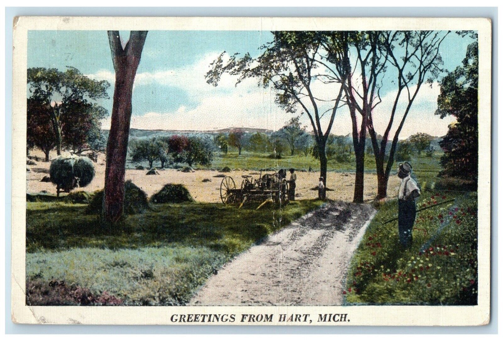 1925 Greetings From Farming Field Road Trees Hart Michigan MI Vintage Postcard
