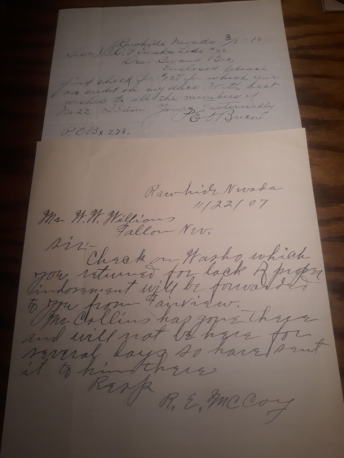 2 Handwritten Letters From Rawhide nevada. 1907 1910