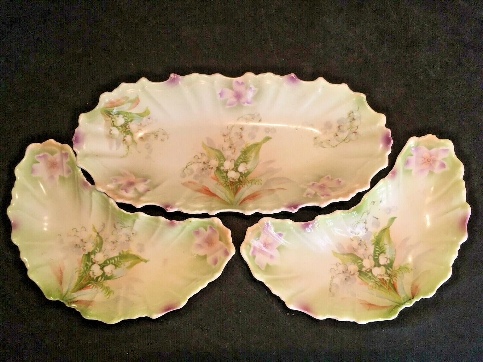 Vintage Silesien Germany Floral Print Porcelain Tray Set 3 Pieces