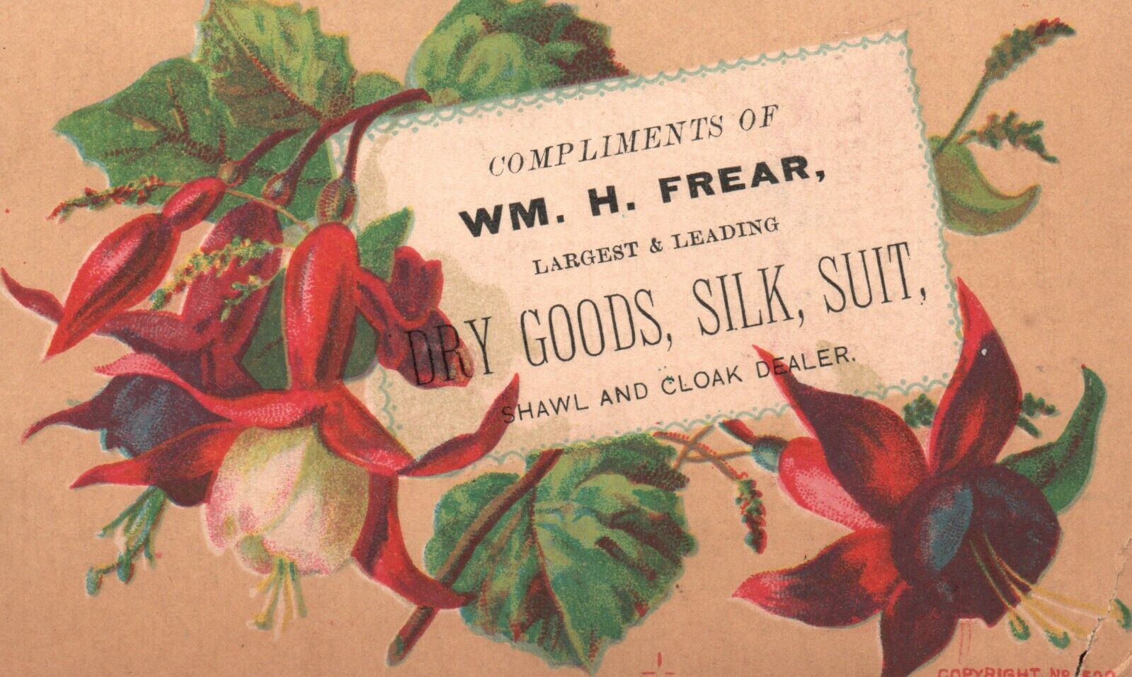 1880s-90s Red & White Flowers WM. H. Frear Dry Goods Silks Suit Trade Card