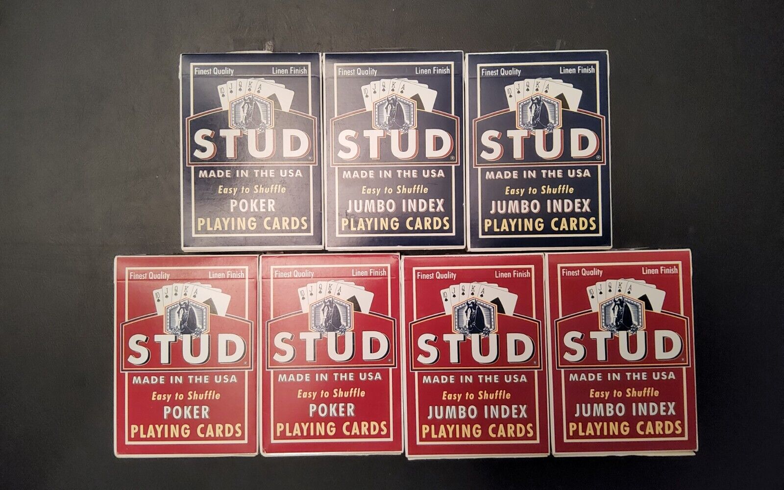 Lot of 7 sealed Stud playing card decks. 4 red 3 blue. USA made