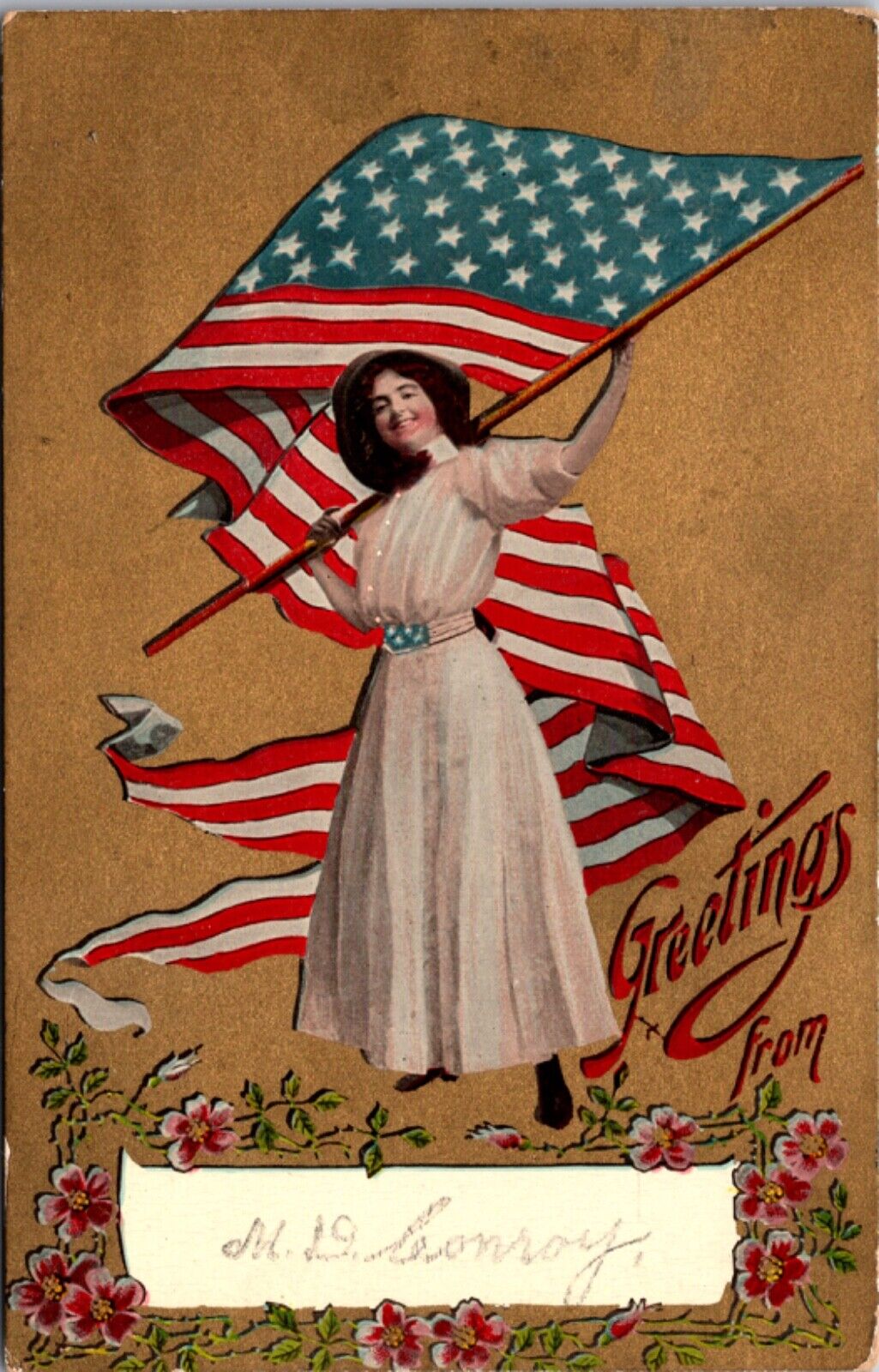 Greetings Artwork Postcard Woman Holding American Flag U.S.S. California Cancel