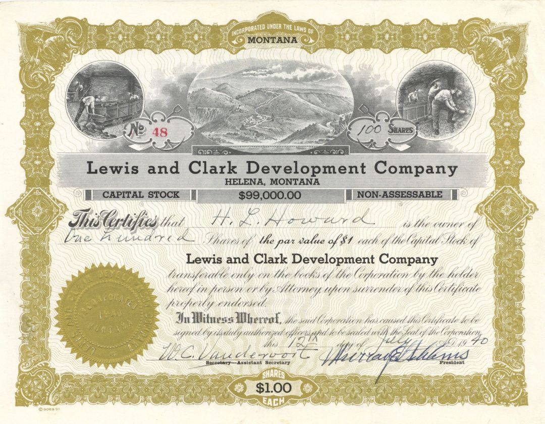 Lewis and Clark Development Co. - 1940 dated Helena, Montana Mining Stock Certif