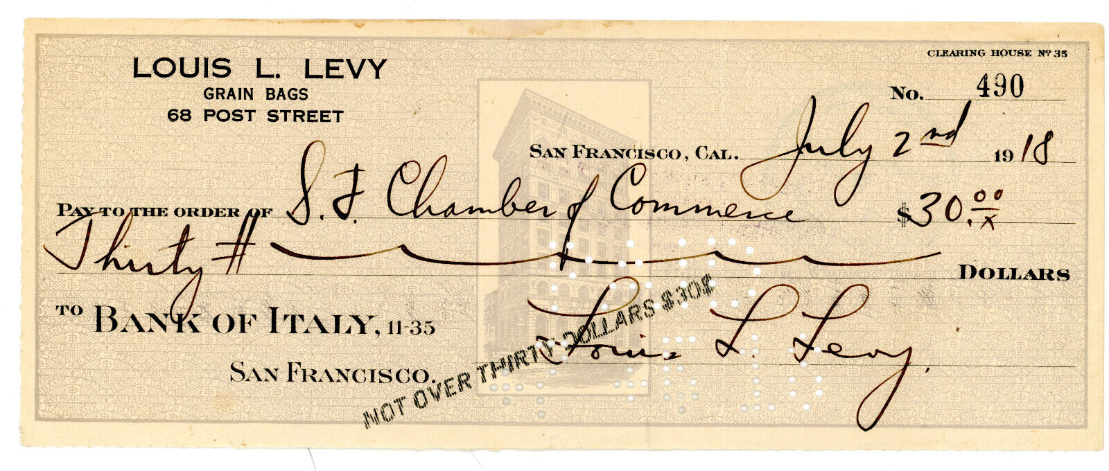 July 2, 1918 Bank of Italy, San Francisco Check, Later Named BANK OF AMERICA