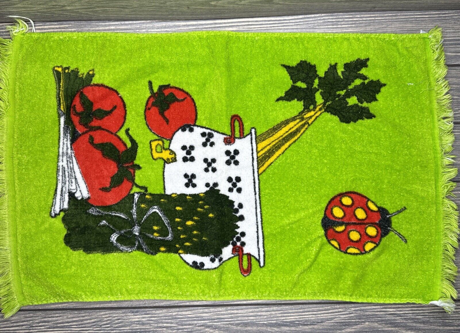 Vtg Cannon Cotton Hand Dish Towel Green With Ladybug Kitchen Pot 15x24” 