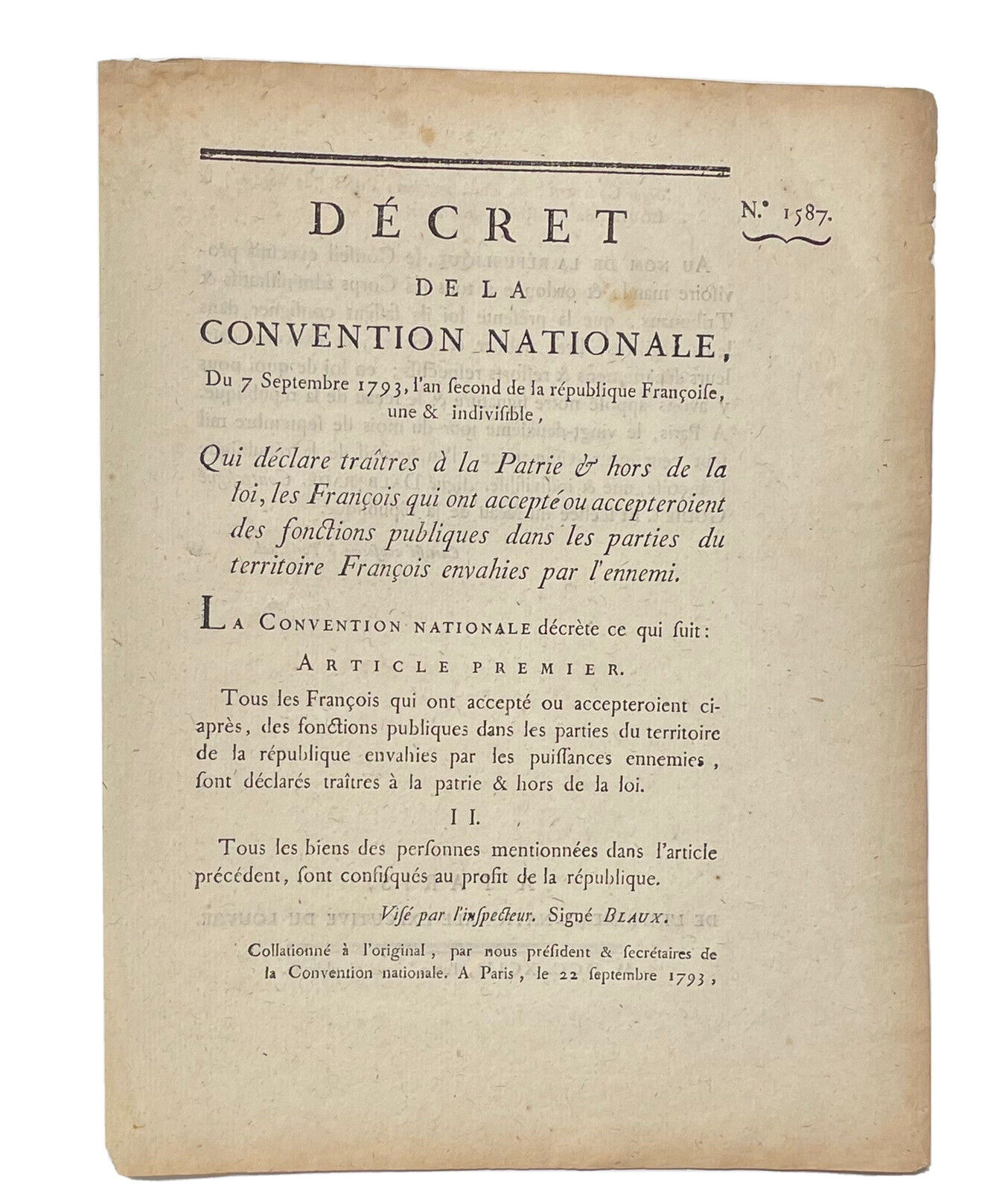 FRENCH REPUBLIC DECREE September 7, 1792 Traitors to the Country