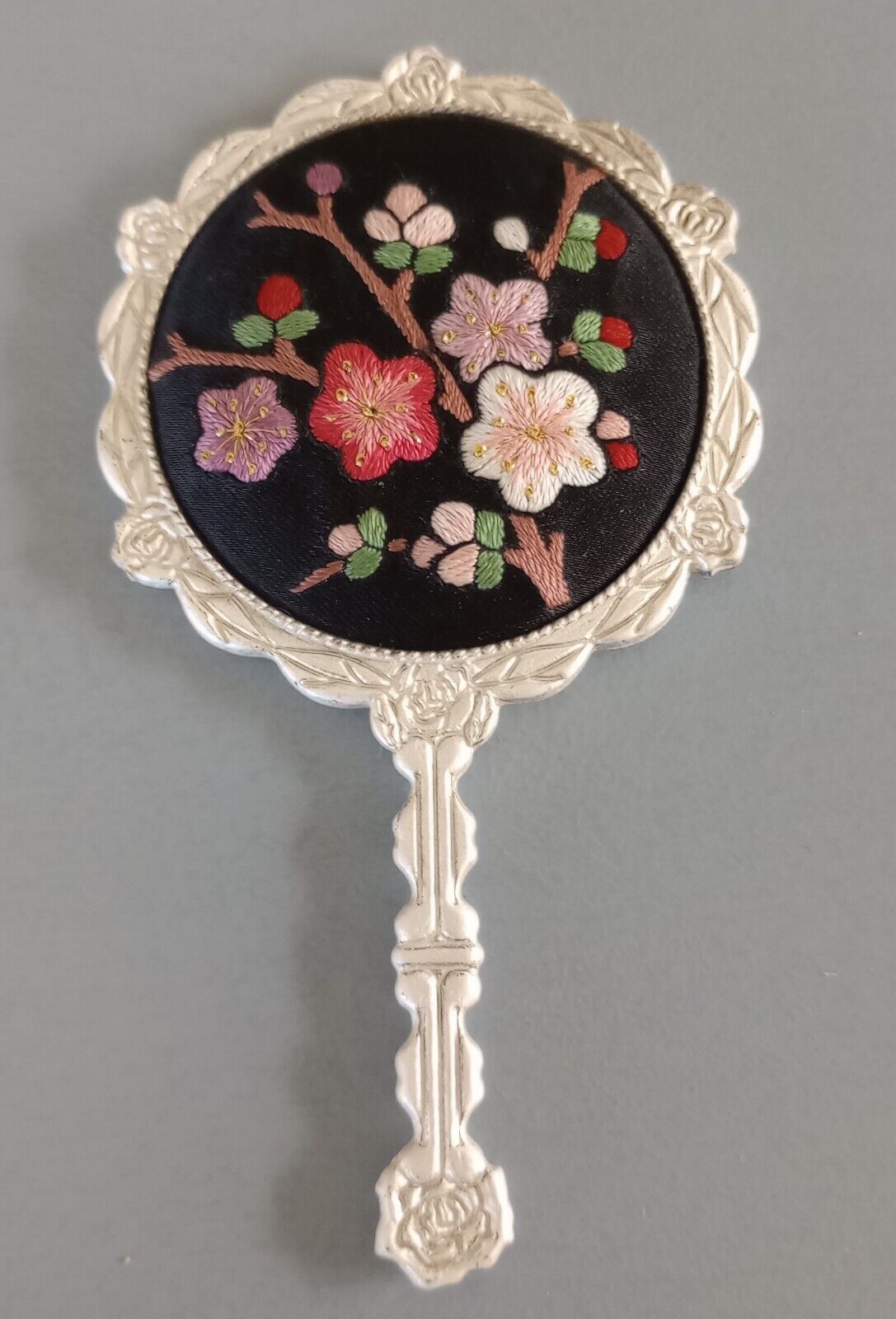 Mirror Vintage Small Handheld Mirror Silvery White Floral Embroidery 4\