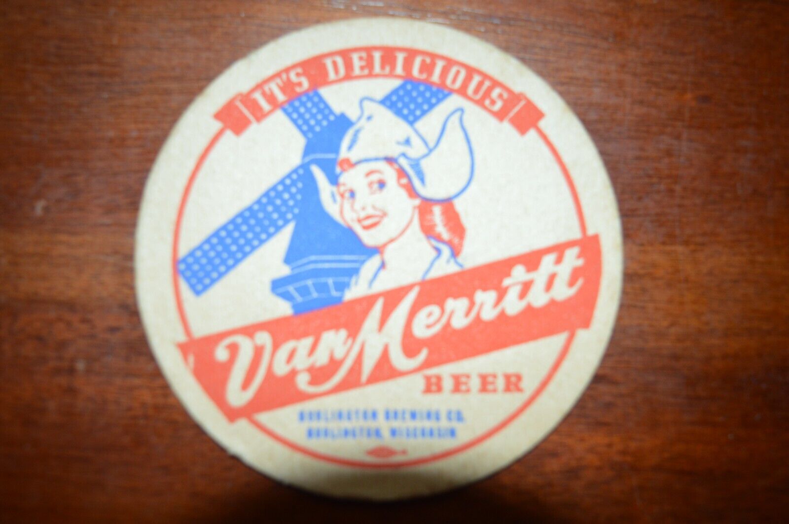 VINTAGE 1940s VAN MERRITT BEER COASTER BURLINGTON Brewing WI. 3.5\