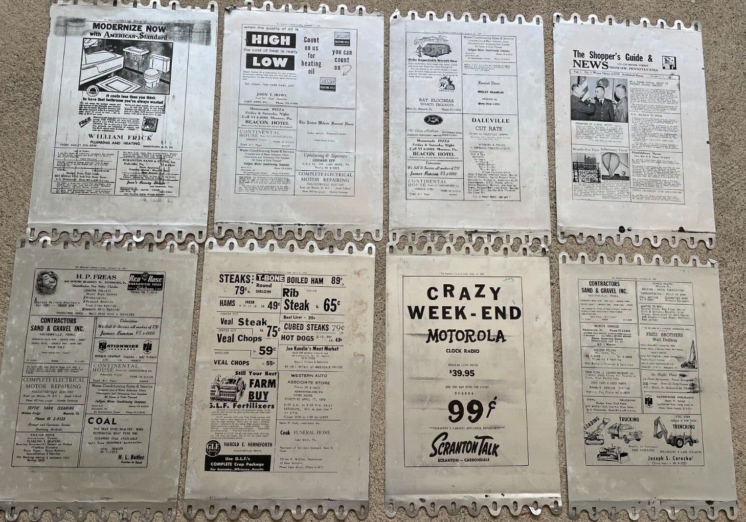 10 Vintage Shopper Guide Tin Newspaper Printing Sheets, Scranton PA Old Local Ad