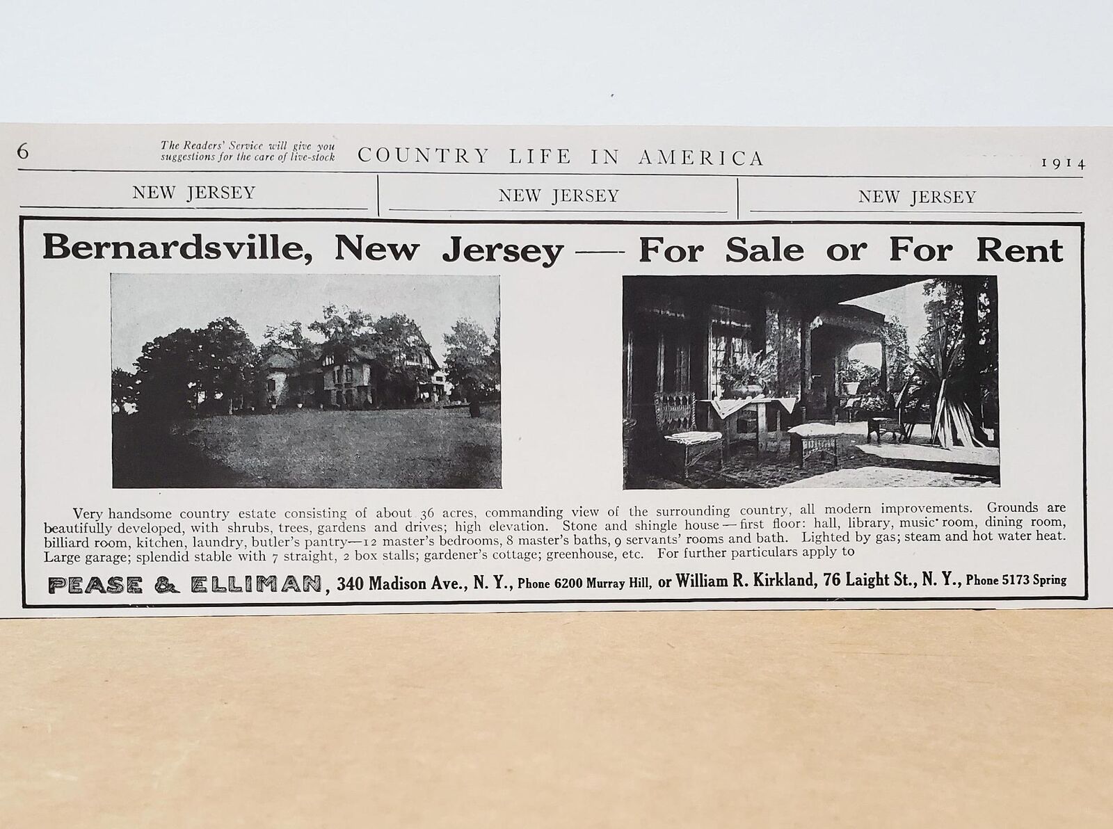1914 Bernardsville NJ Country Estate Stone Shingle Tudor Photo Print AD Vintage