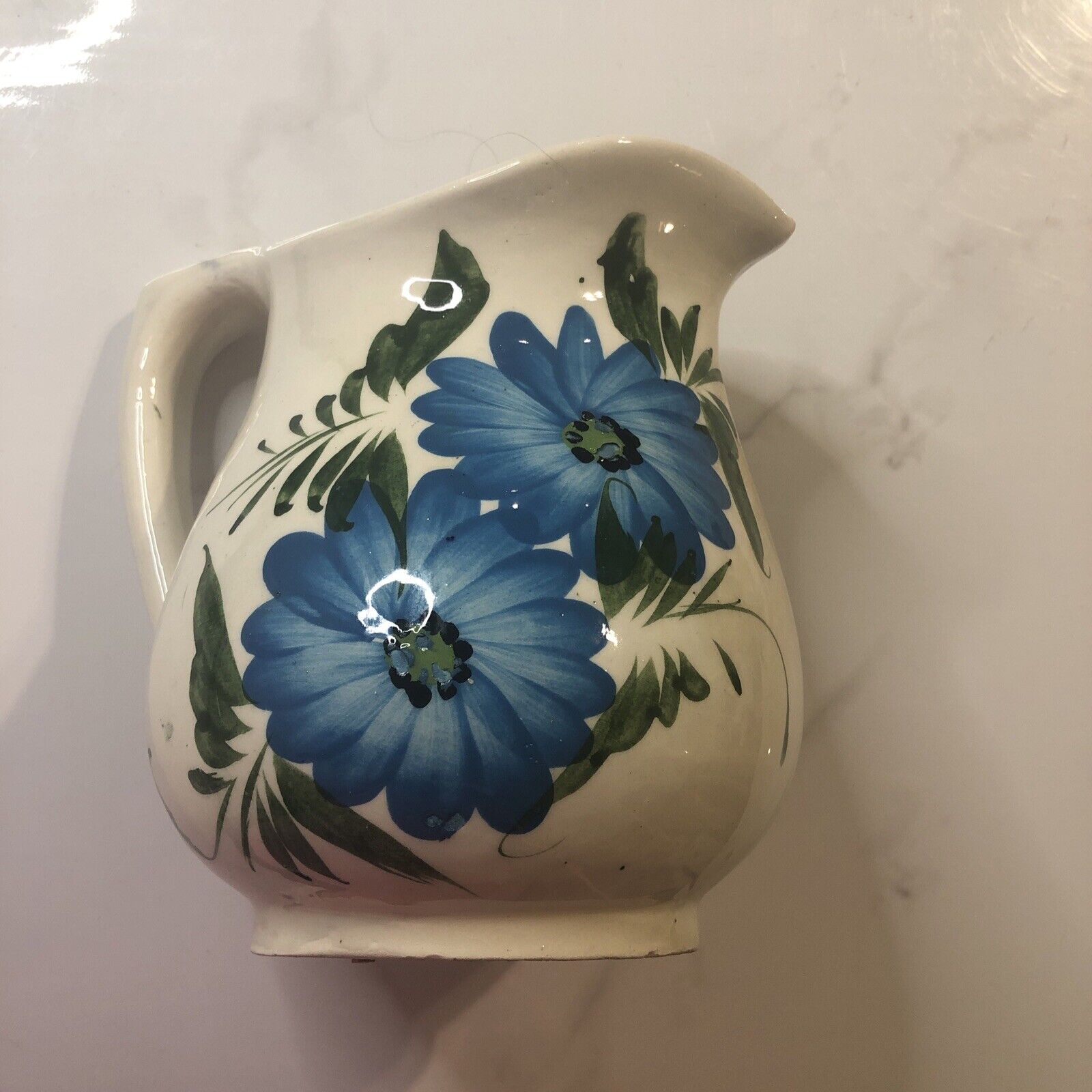 Vintage Blue Daisy Floral Pitcher Rustic For Decor 7” Tall