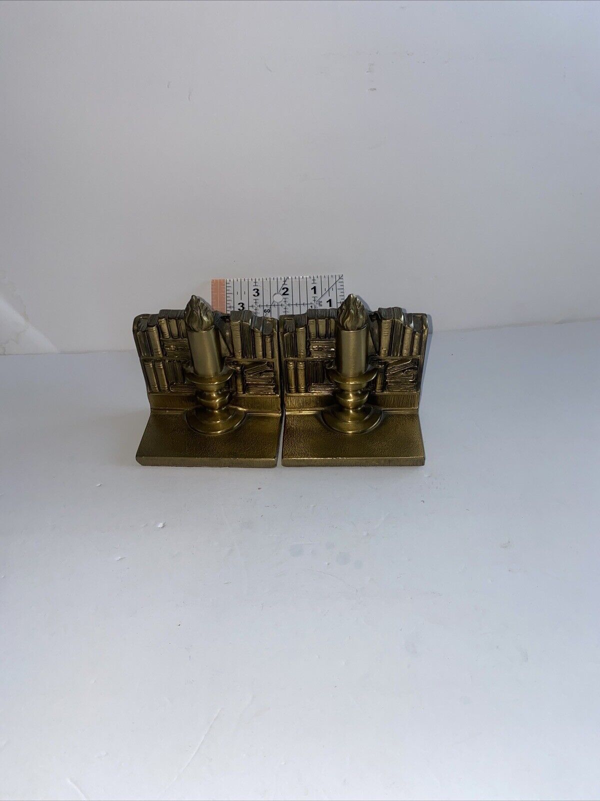 Vintage PM Philadelphia Manufacturing Co Metal Brass Bookends Candle - Books