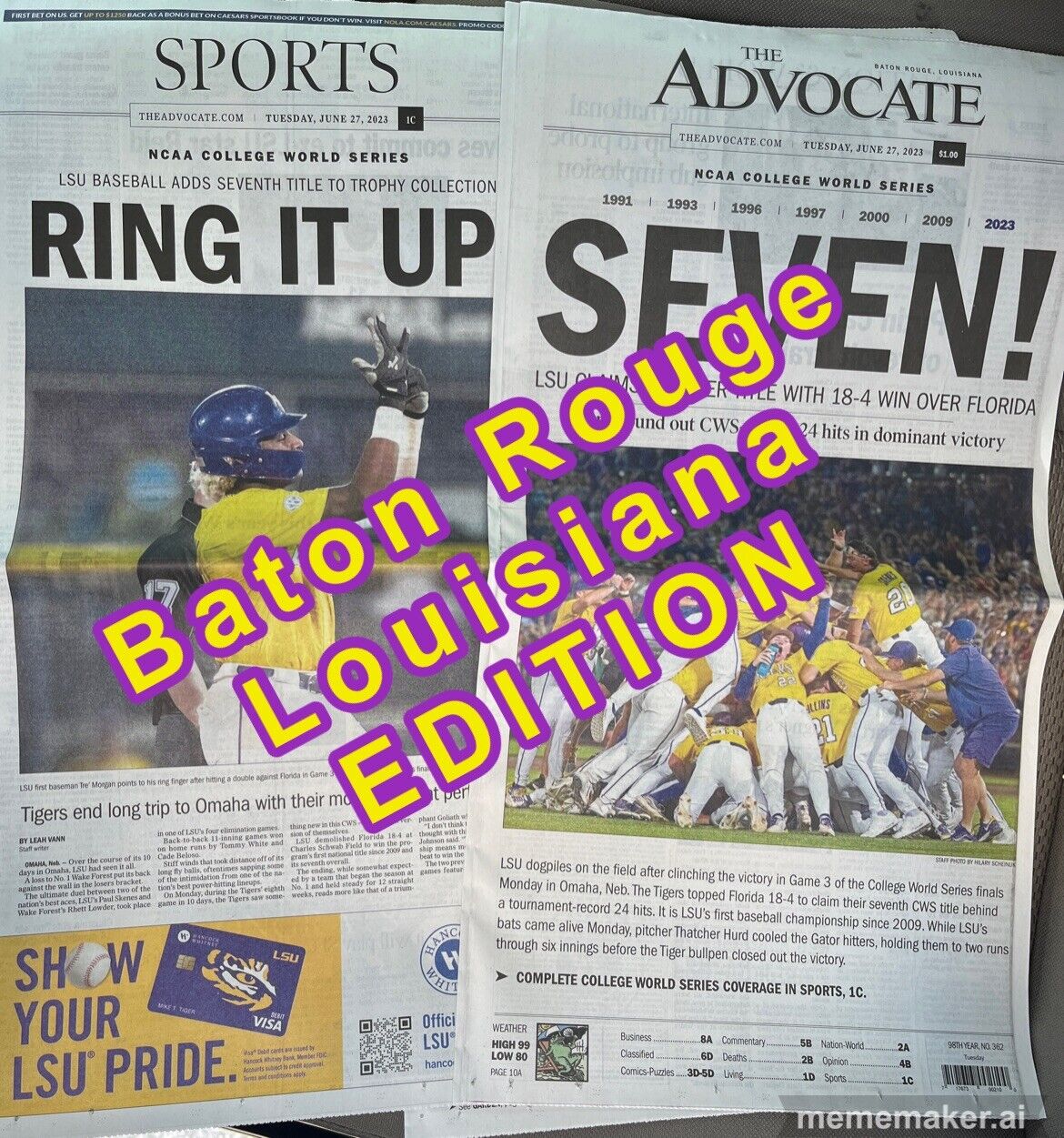 LSU Tigers Baseball CWS Champions THE ADVOCATE Newspaper Baton Rouge La EDITION