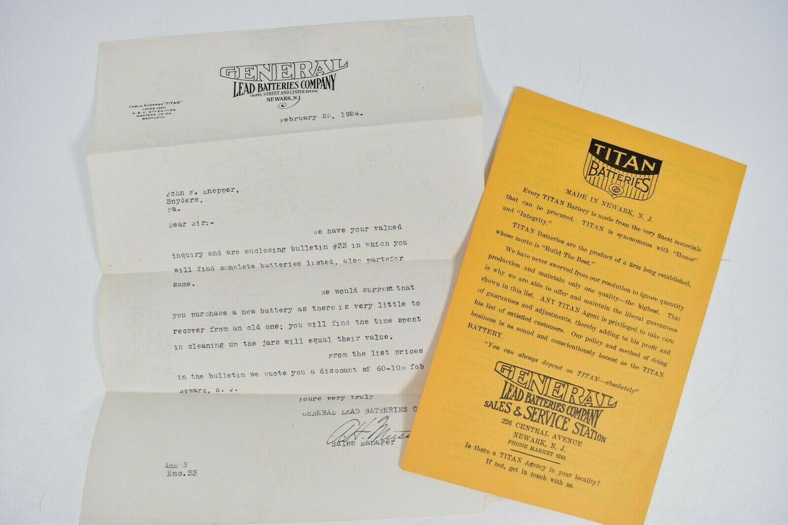 Vintage 1924 General Lead Batteries Co. Newark New Jersey Letterhead Letter