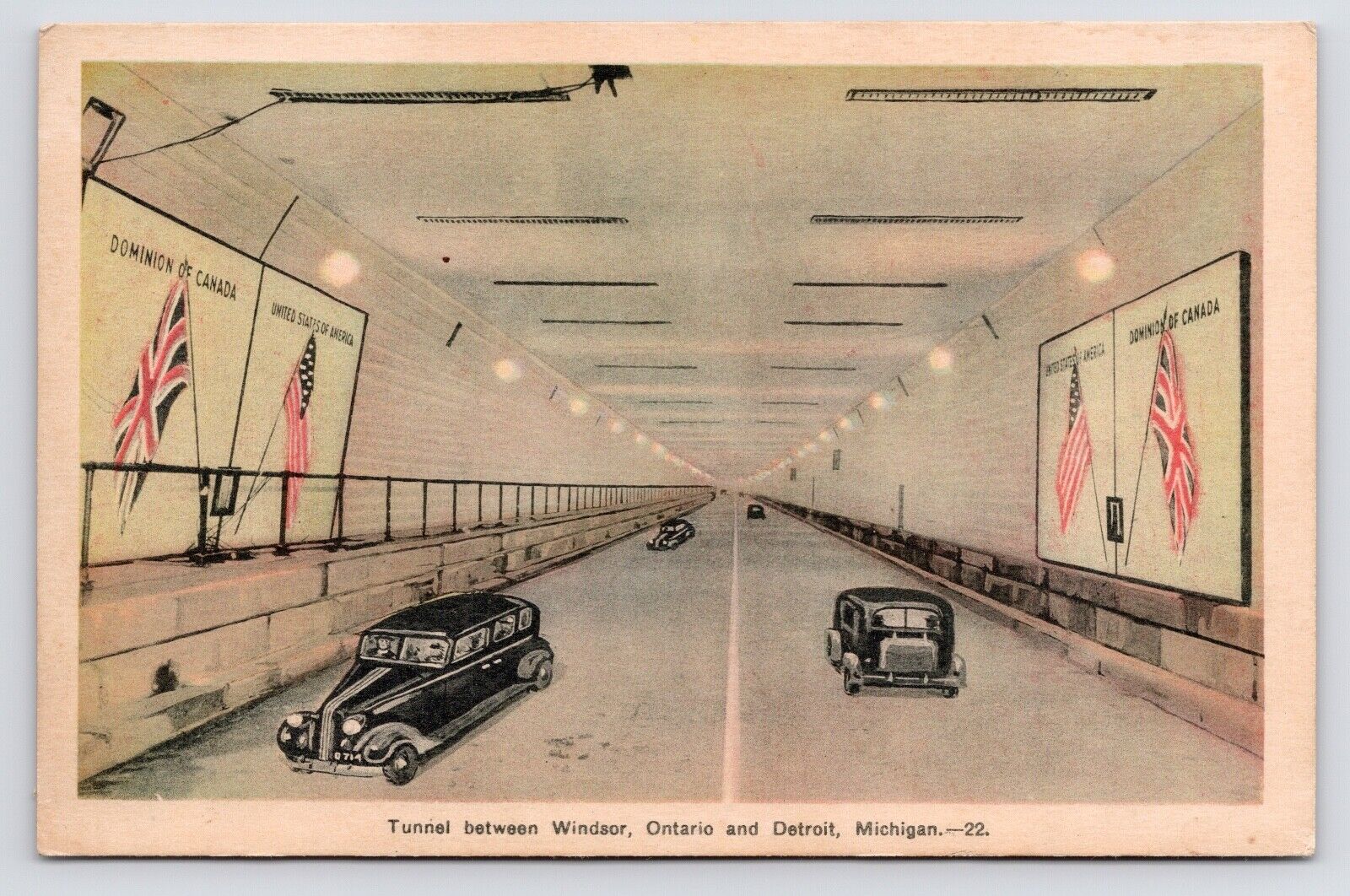 c1930s Windsor Ontario & Detroit Michigan Tunnel Canada USA Cars Flags Postcard