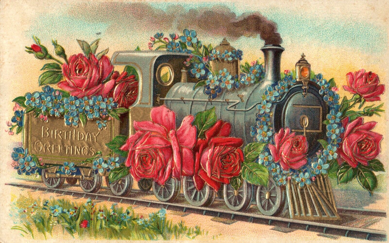 Birthday Greetings Railroad Train Flowers Embossed 1908 Postcard