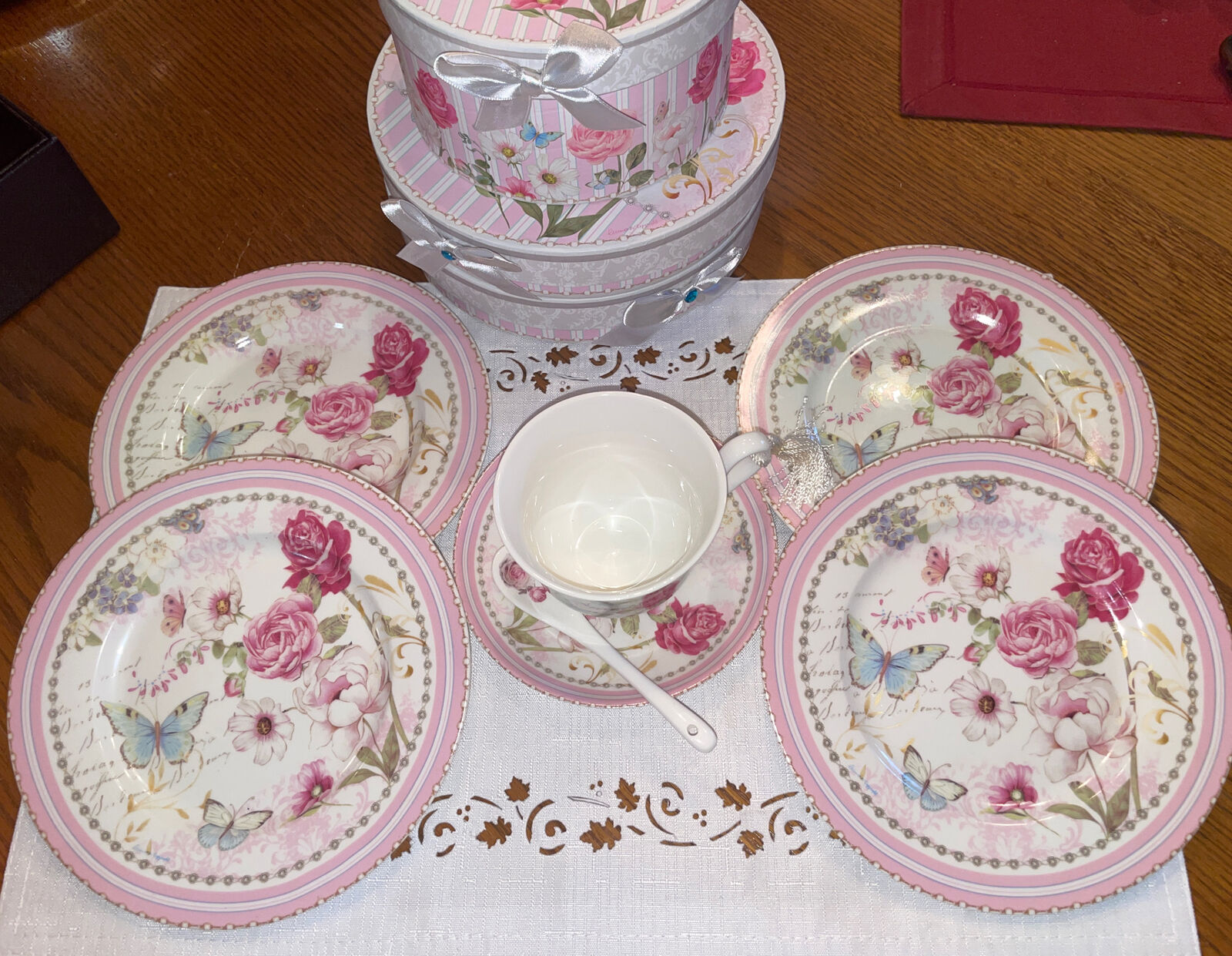 Porcelain Mug, Saucer & Spoon, 4 Plates. Butterflies & Roses Matching Gift Boxes