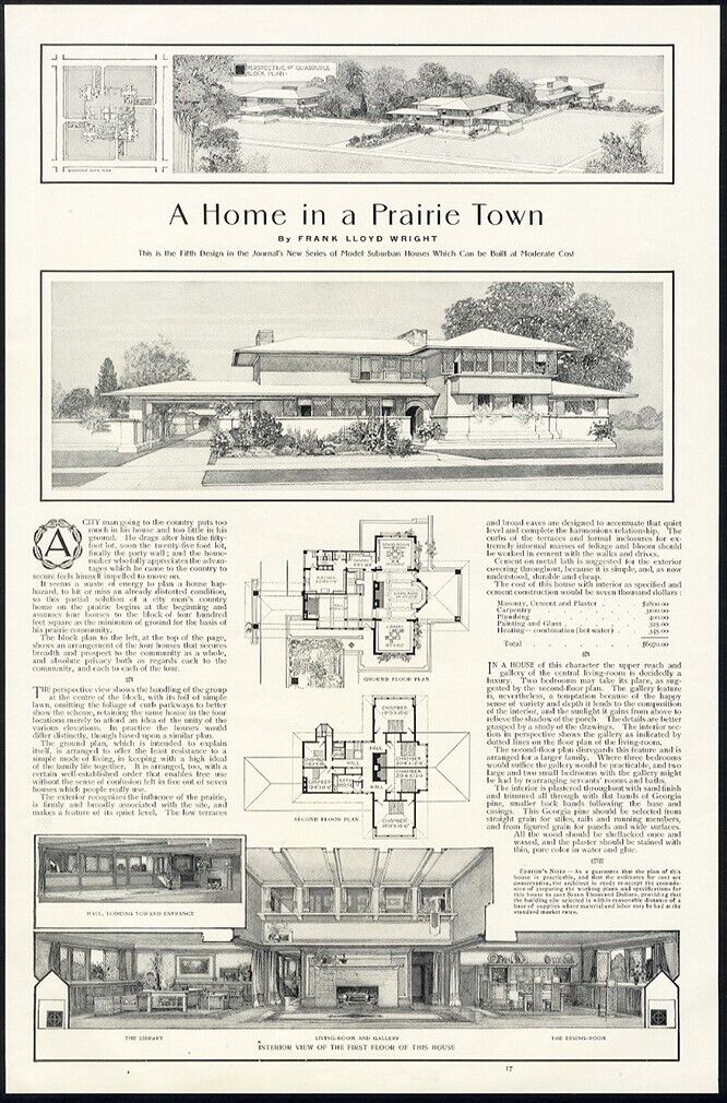 FRANK LLOYD WRIGHT 1901 Prairie Style Home Floor Plan and Interior Magazine Page