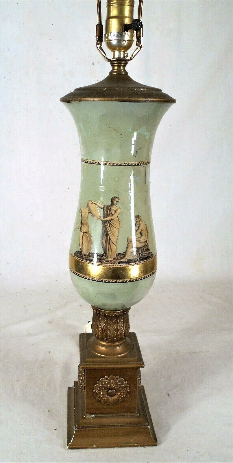 VINTAGE MID CENTURY REVERSE PAINTED URN LAMP WITH CLASSICAL GREEK FIGURES