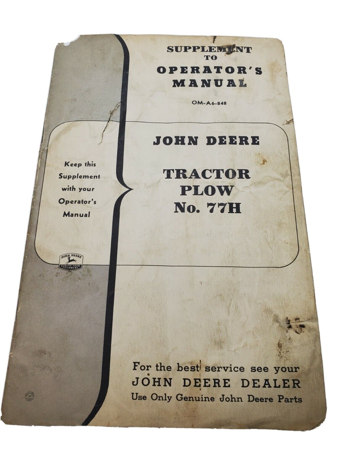 Original John Deere Manual Tractor Plow No. 77H OM-A6-848