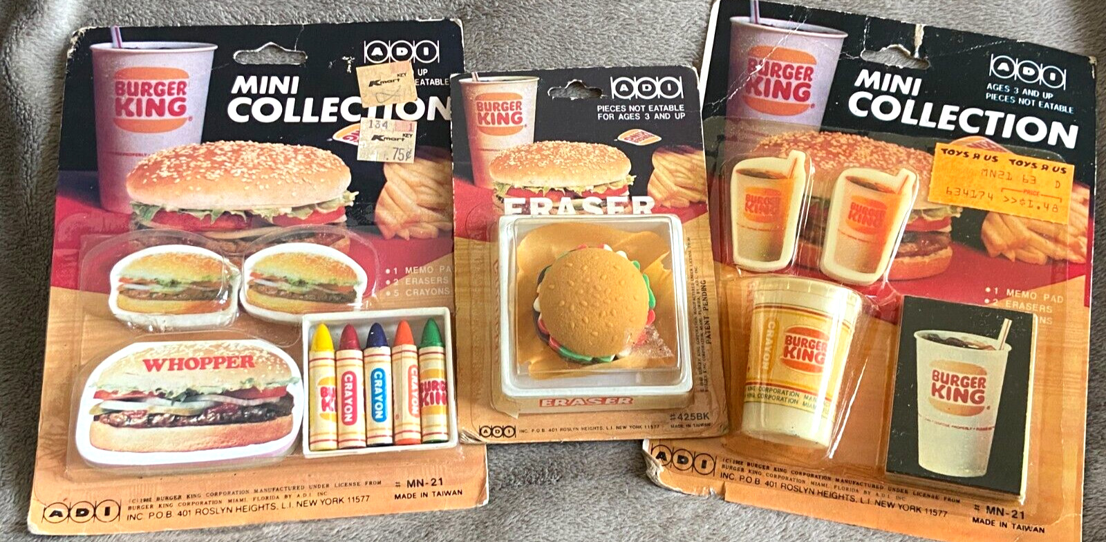Vintage 1982 Burger King Minis ~ Whopper Hamburger Eraser Memo Pad Crayons ~ New