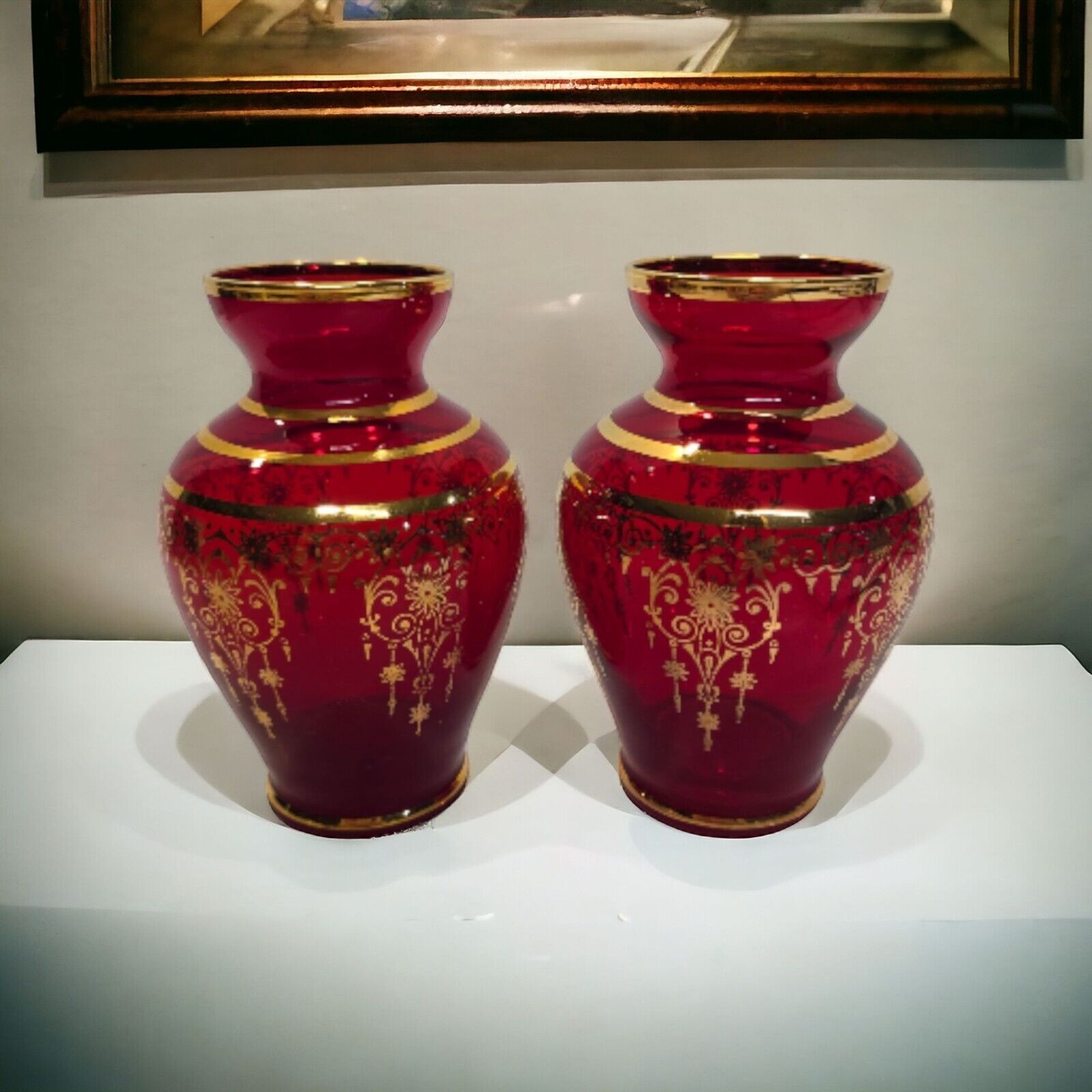 Pair of 2 Vintage Red Vecchia Italian Murano Style Bud Vases Ruby Red & Gold