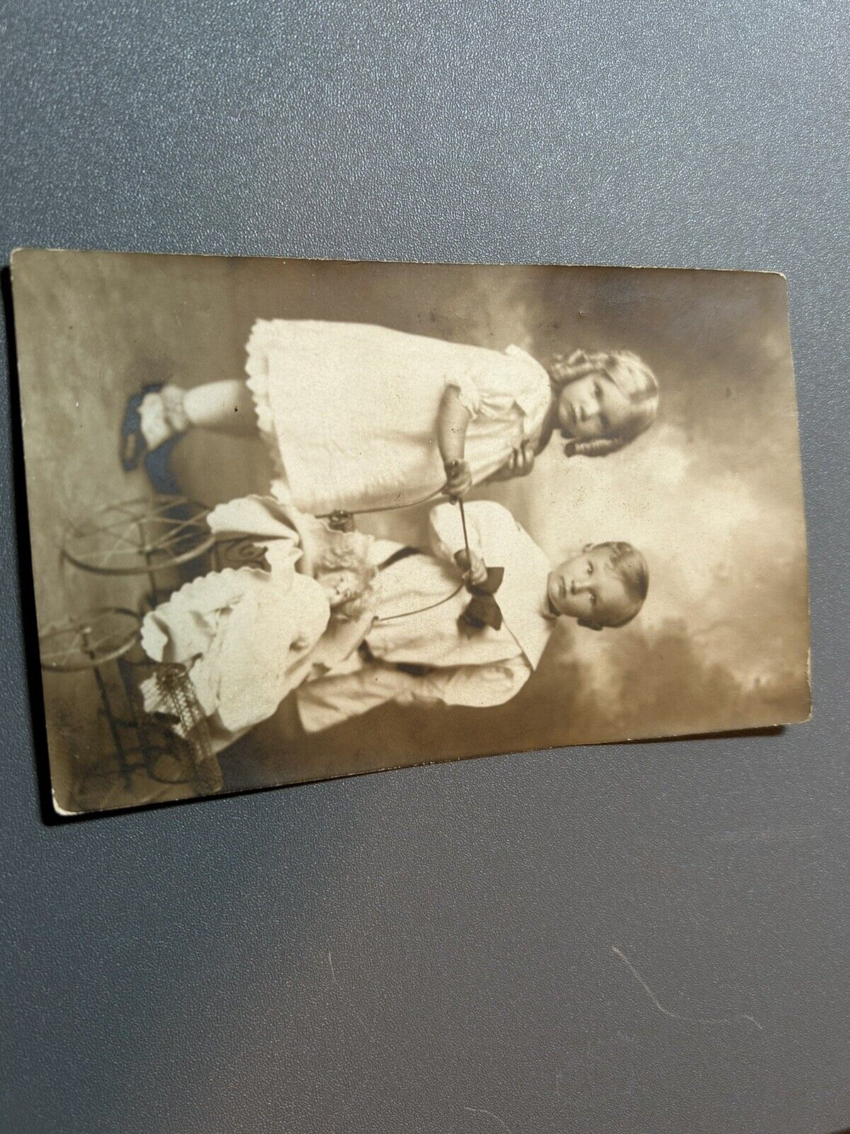 Vintage 1900s RPPC Young Girl And Boy With A Doll In A Baby Stroller