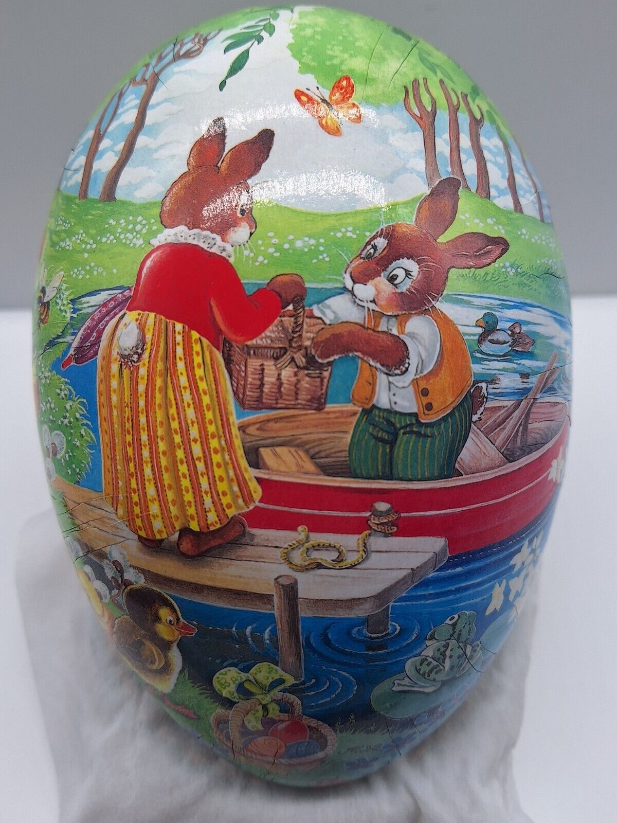 Easter  Egg Large Nestler Germany Paper Mache Picnic in Boat signed A Wolf