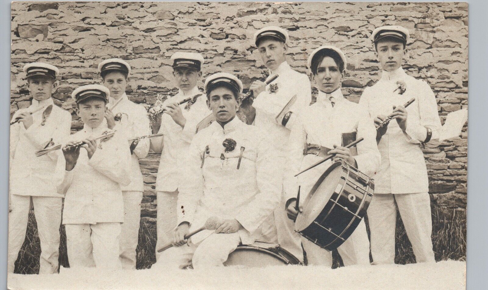 BOYS MARCHING BAND c1910s real photo postcard rppc street parade music uniform
