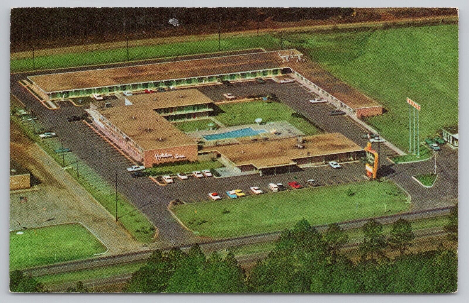 Dothan, AL. Postcard, Holiday Inn, Aerial View Pool, Texaco Sign, 0758