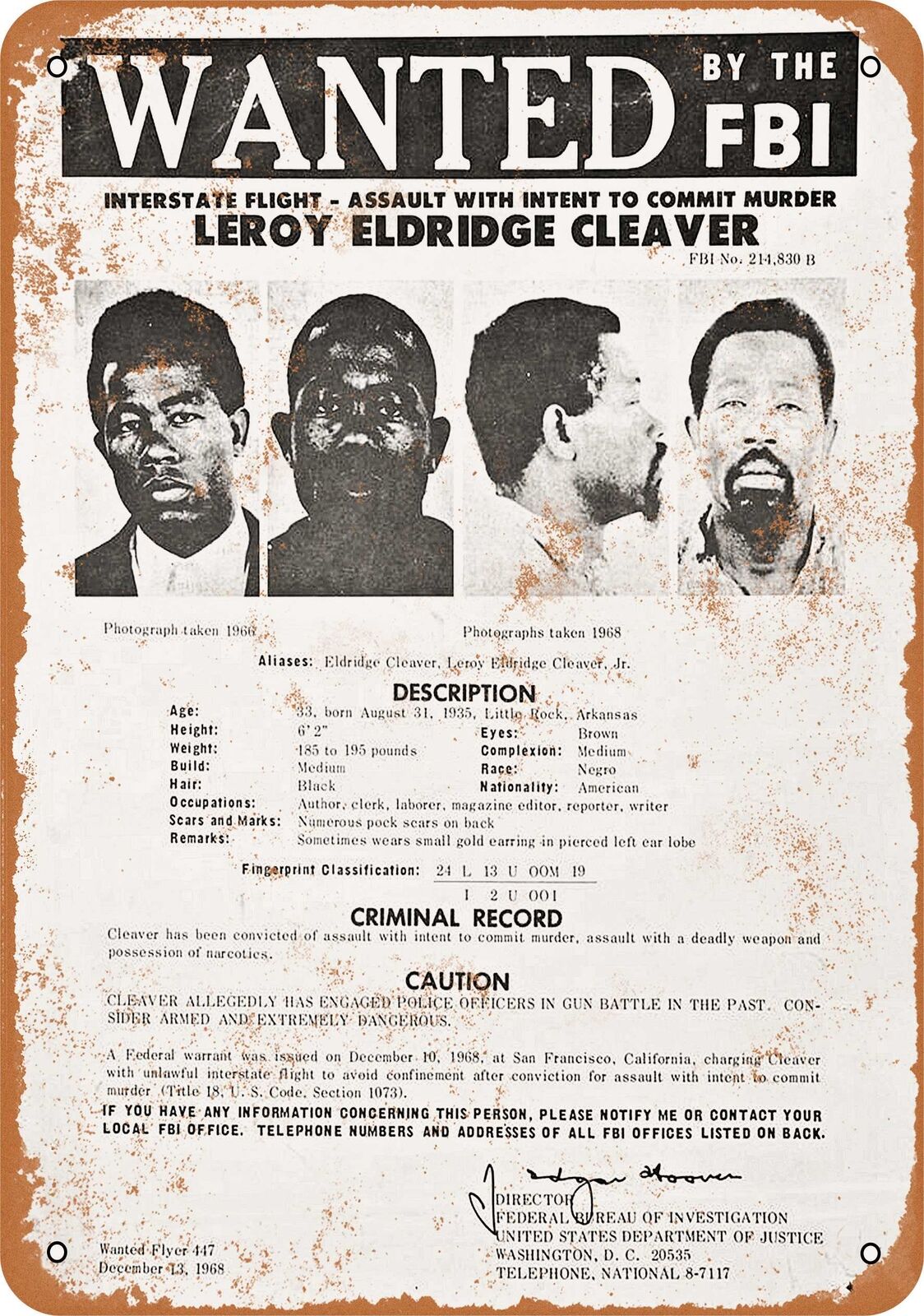 Metal Sign - 1968 Eldridge Cleaver Wanted Poster - Vintage Look Reproduction