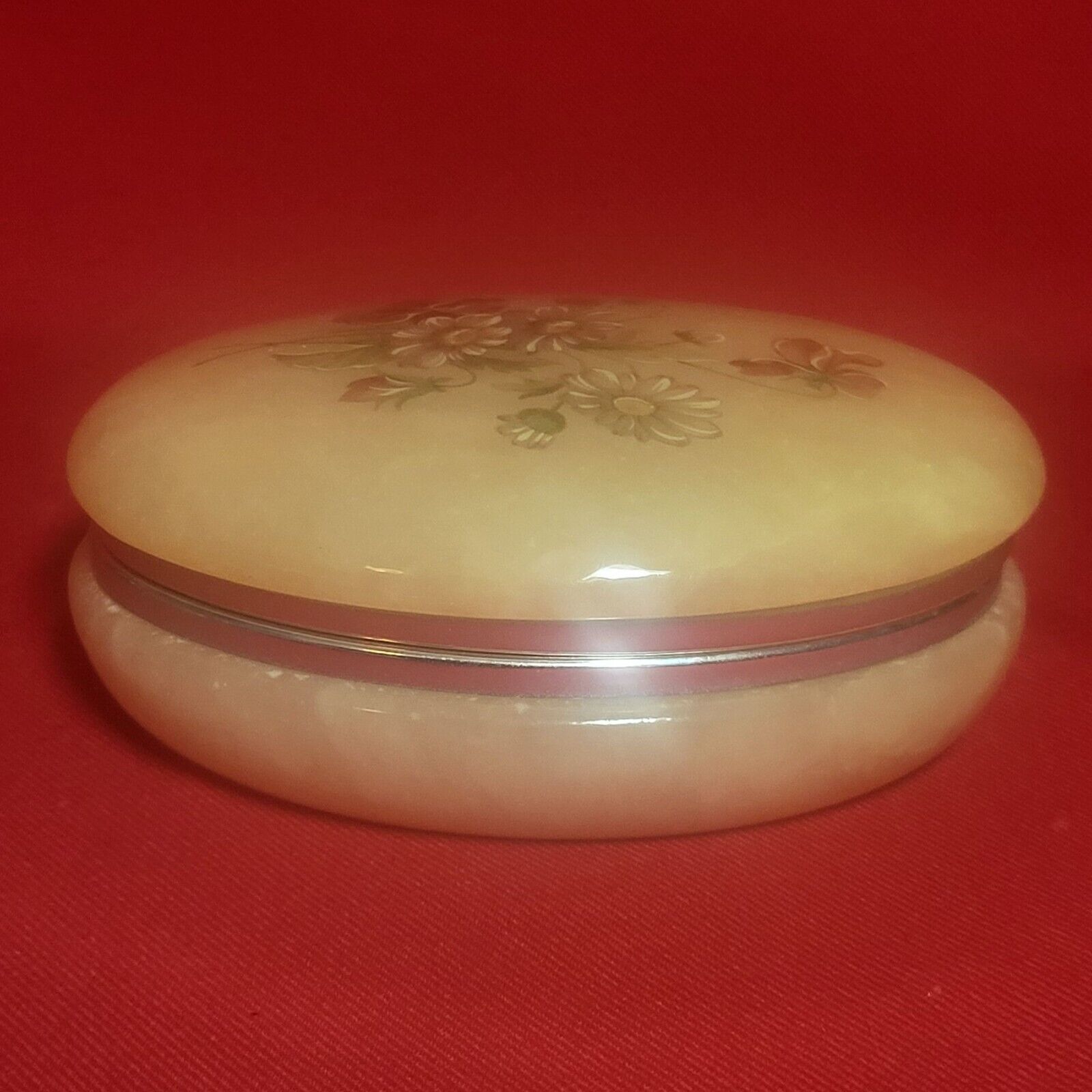 Vintage Alabaster Box Trinket Oval Hand Carved Hinged Lid Flowers Made in Italy