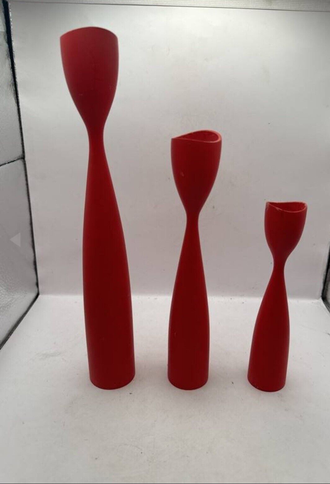 Vintage Red Danish Tulip Candle Holders, Mid Century Modern Wood Candle Holders