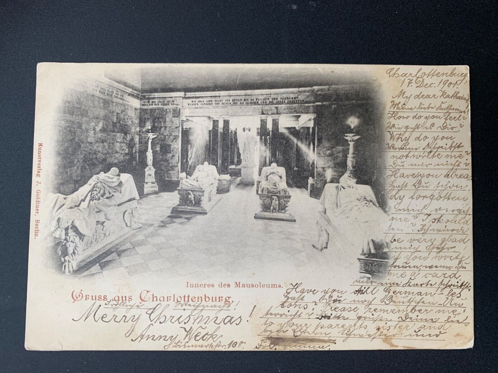 1901 CHARLOTTENBURG GRUSS AUS PIONEER POSTCARD STAMP  NY US CHRISTMAS LETTER 