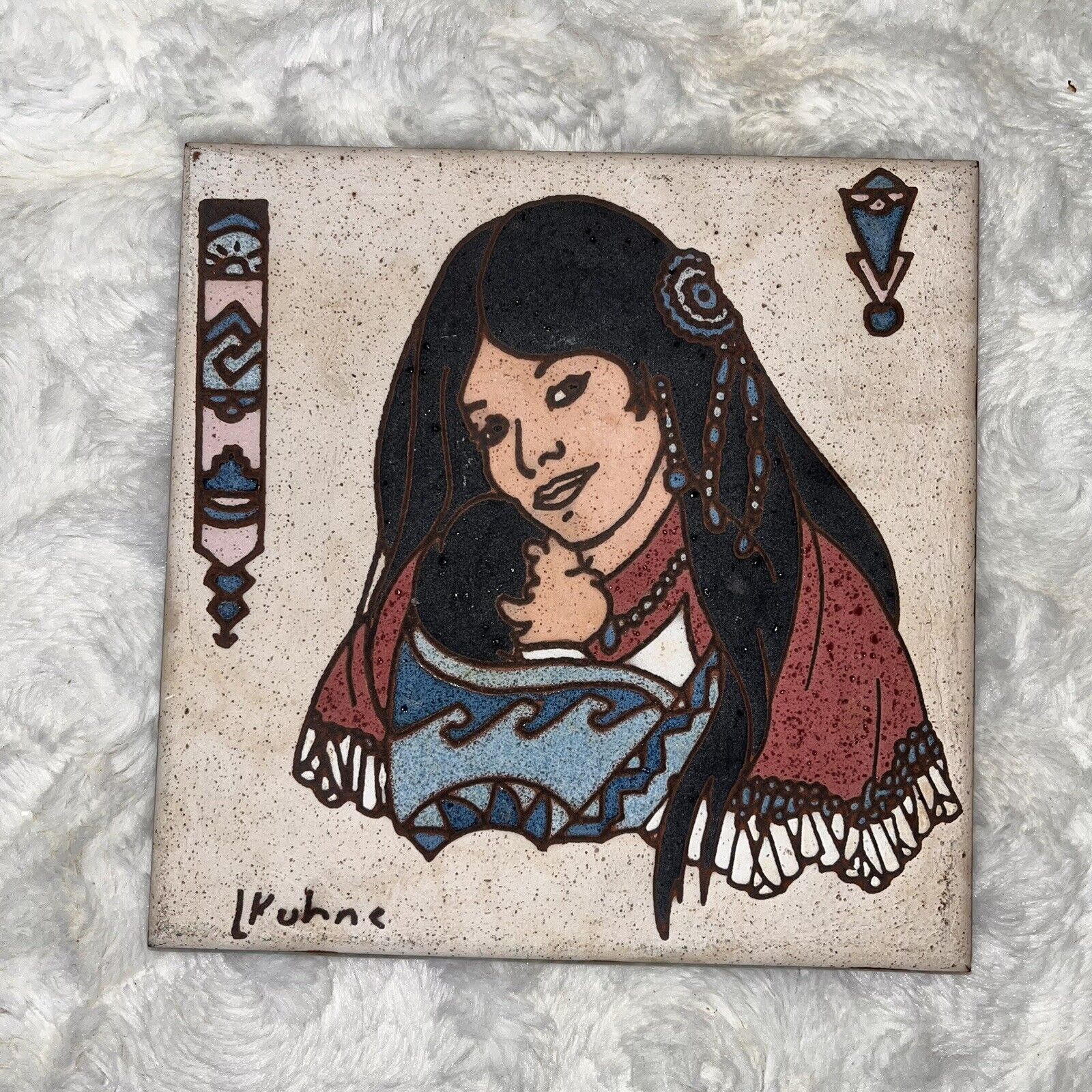 Earthtones Tile 1984 Navajo Mother & Child, Kuhne 6” x 6” USA Southwest Art NICE