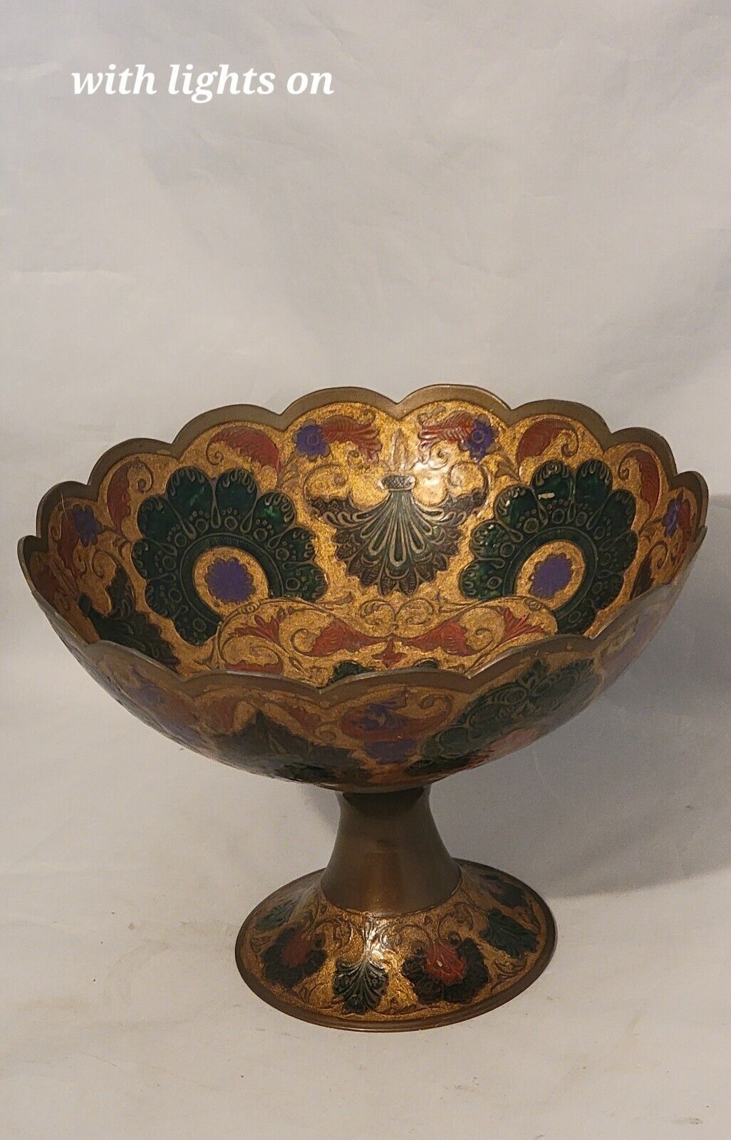 Vtg Moroccan Brass Footed Bowl Painted Enamel Cloisonne Style Art India Flare